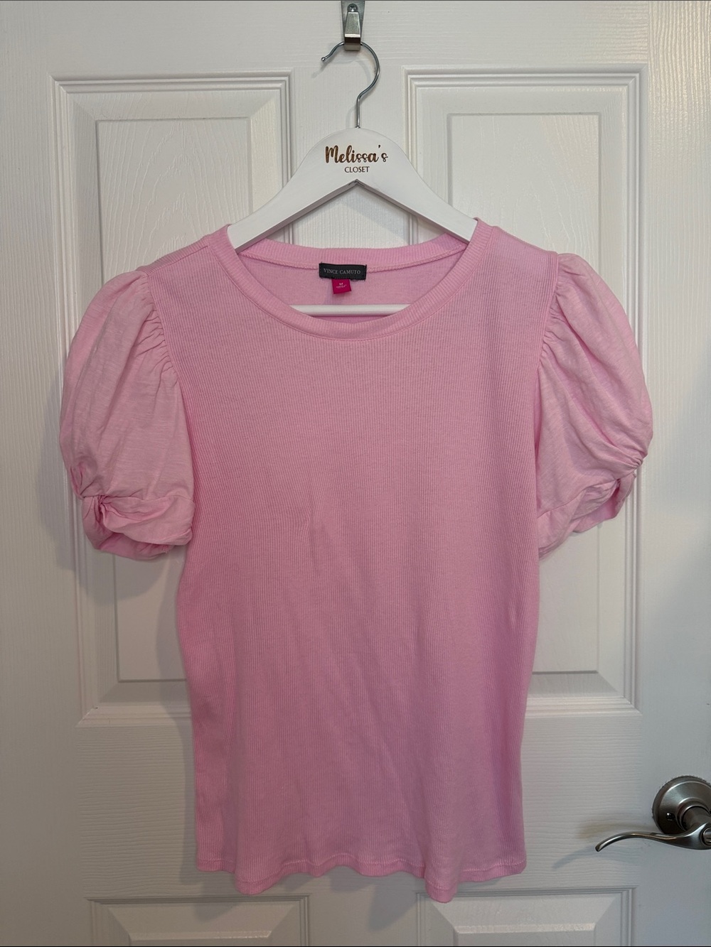 Vince Camuto Pink Puff Sleeve Ribbed Top – Size Medium 100% cotton